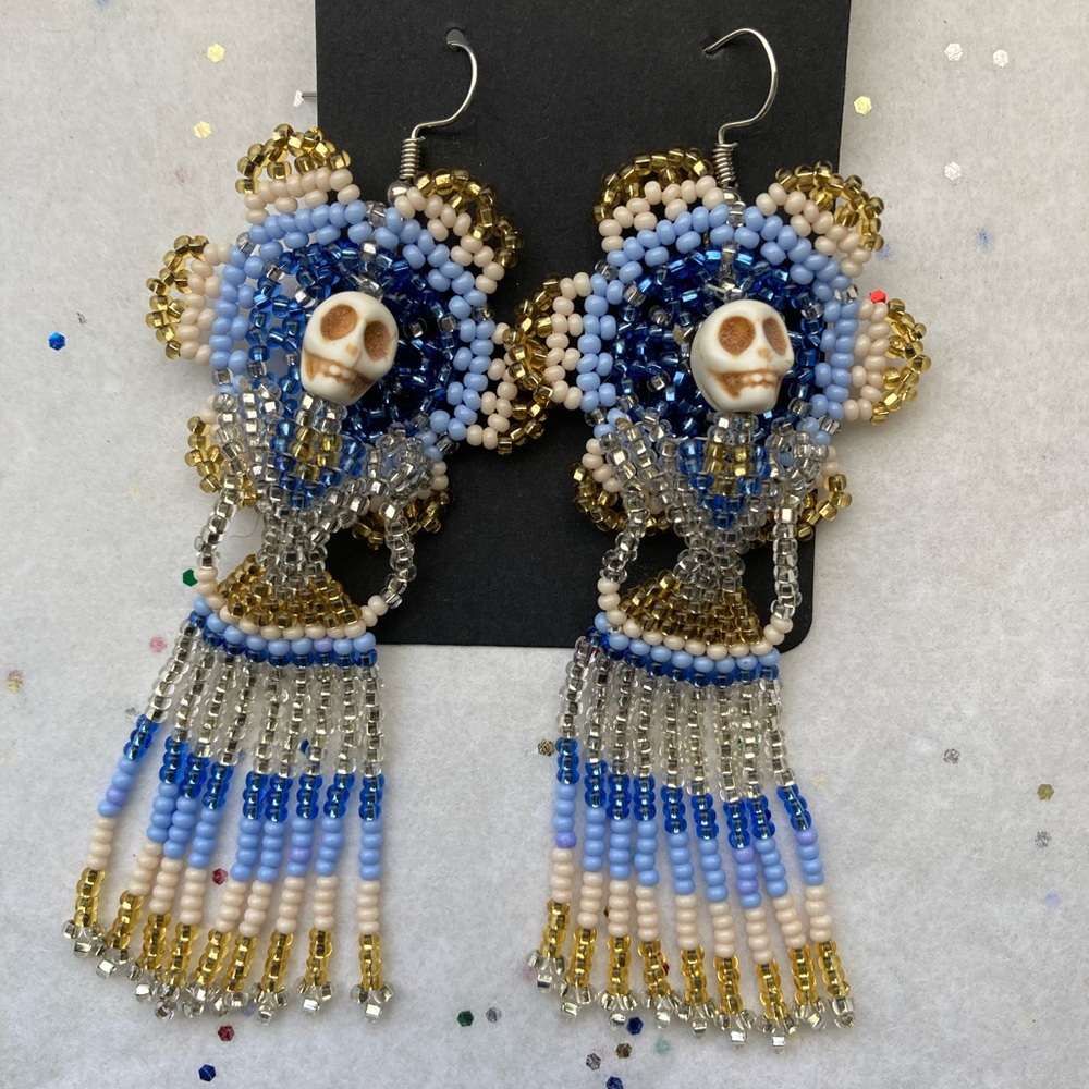 Beaded Skull Earrings with Gold and Blue Accents